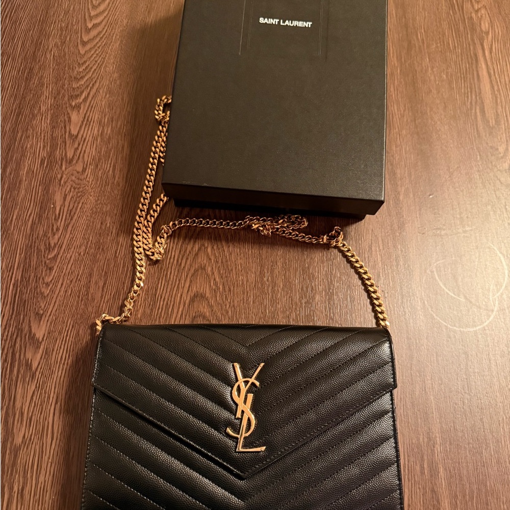 Saint Laurent Black Pebbled Leather Wallet on Chain Bag